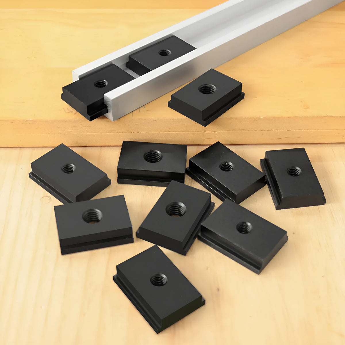 Aluminium alloy M6 and M8 sliding chute slider set for woodworking T-slot tracks in black, silver, blue, and red.