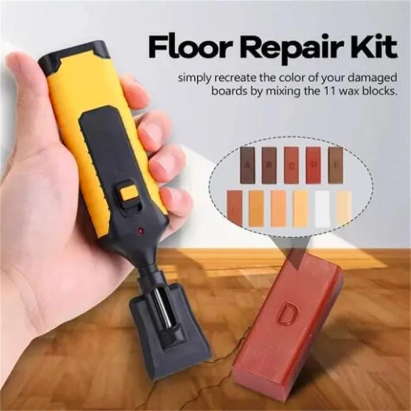 Floor repair tool set with red handle and colour wax sticks for DIY tile scratch repair