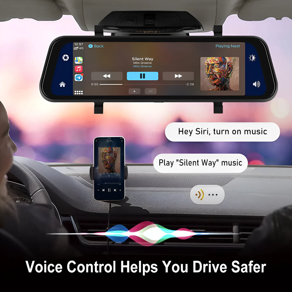 9.66-inch HD car dash cam with touch screen displayed on a car windscreen.