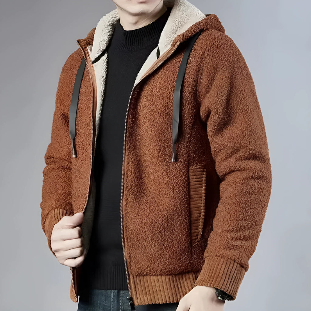Men's fleece lined hooded zipper cardigan pullover in black with full front zip and hood