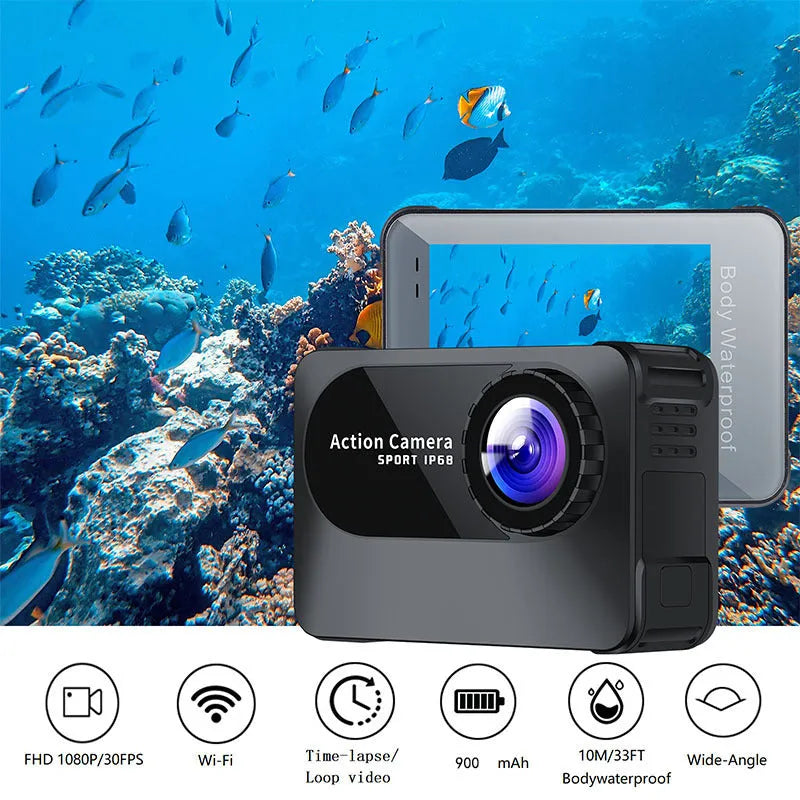 Black outdoor sports camera tachograph with 170° lens and compact 66mm x 44mm x 31mm dimensions