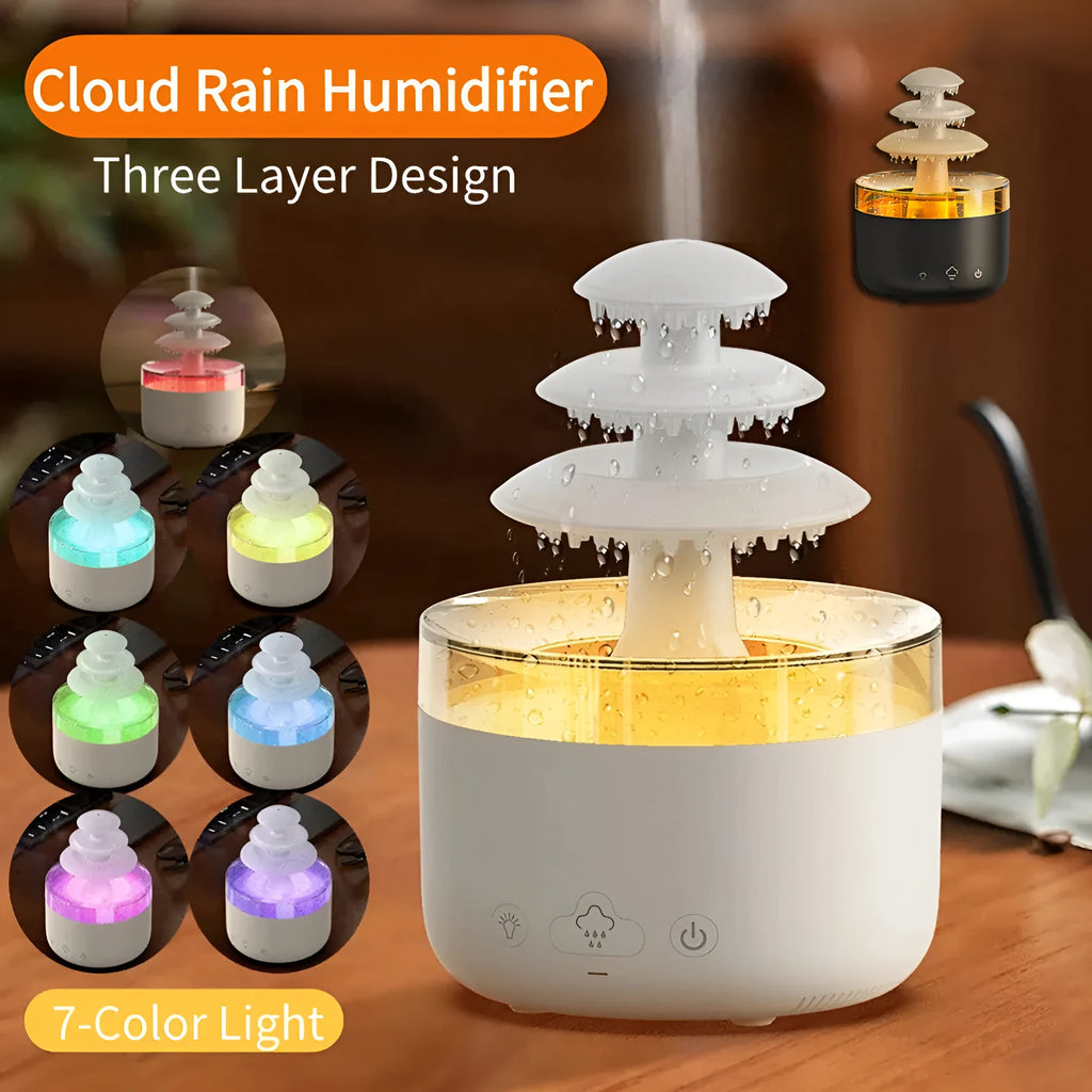 White Cloud Rain air humidifier and essential oil diffuser with colourful LED lights on a wooden table.