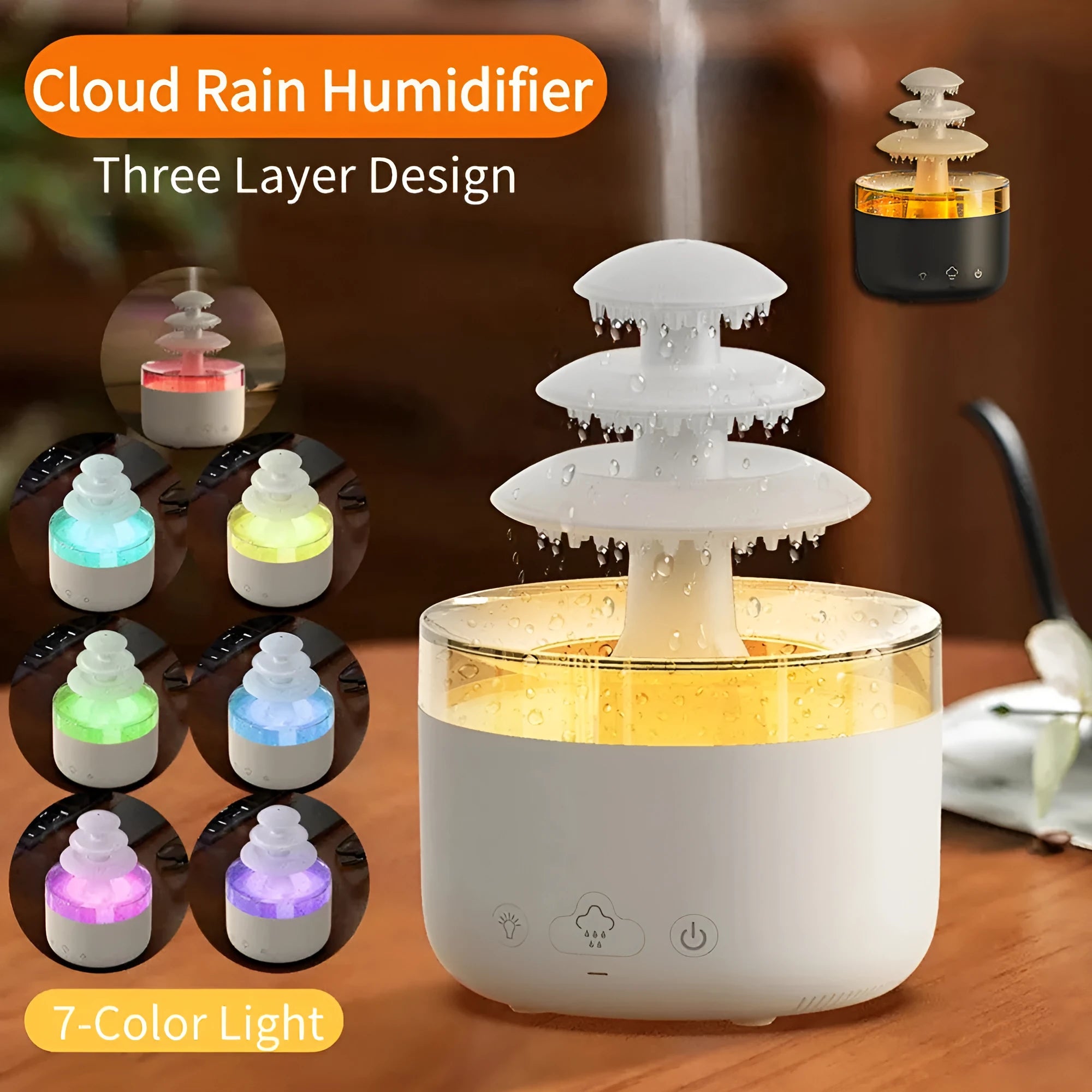 White Cloud Rain air humidifier and essential oil diffuser with colourful LED lights on a wooden table.