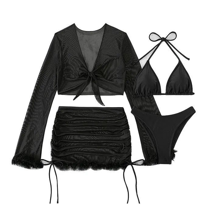 Black long sleeve women's bikini swimwear set with briefs bottom