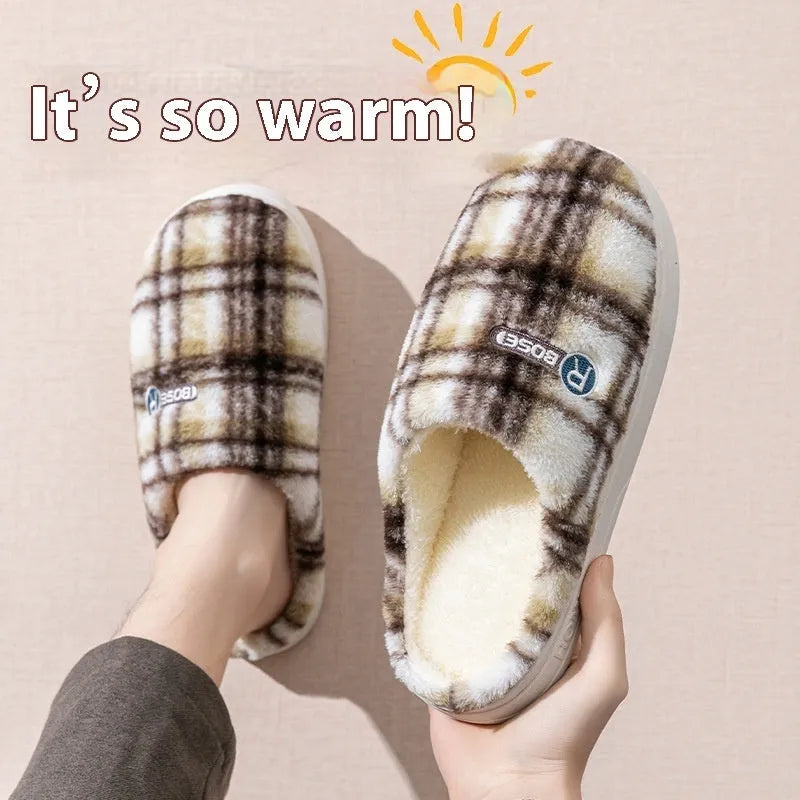 Plaid pattern cotton slippers with a non-slip PVC sole shown in A857 Coffee colour.