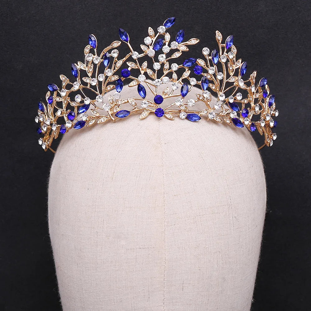 Vintage rhinestone headdress crown, alloy hair accessory, 15 x 6.5cm, retro crown shape, green phantom quartz crystal