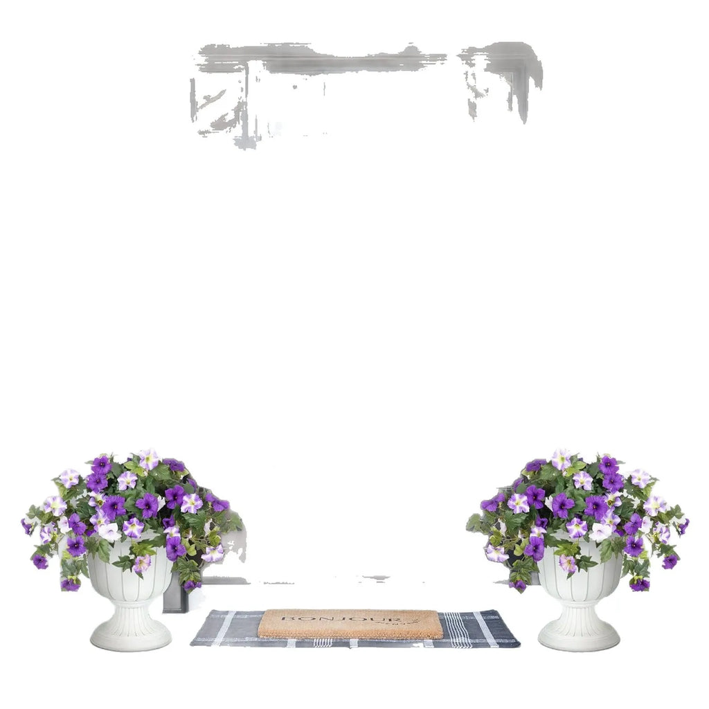 Purple plastic garden container with 12 forks holding red artificial silk flowers on a patio.