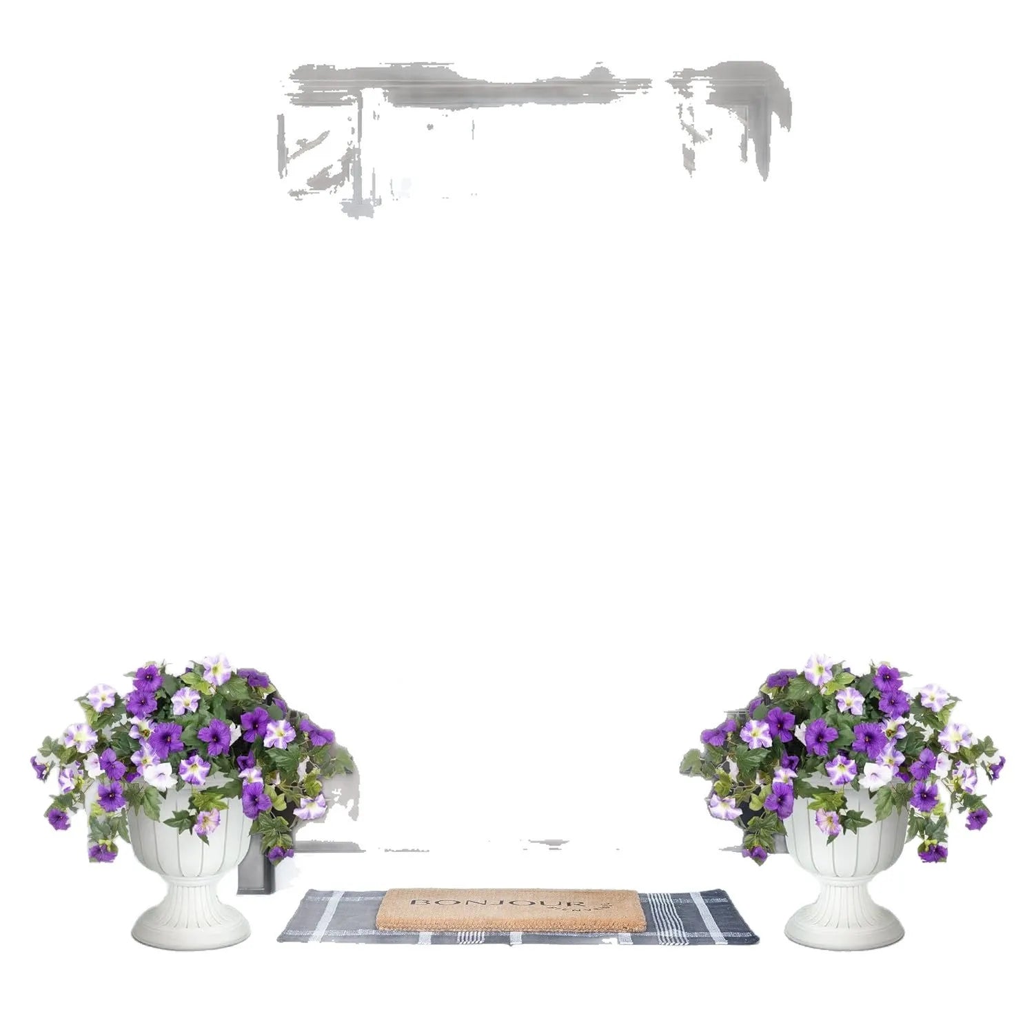Purple plastic garden container with 12 forks holding red artificial silk flowers on a patio.