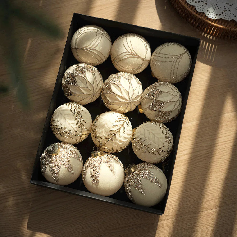 12-piece plastic flocked Christmas ball set in paper box with wine red, milky white, and Maillard colour options