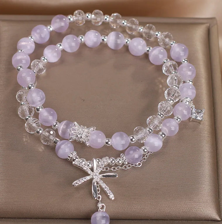 Light purple opal cat's eye crystal double ring bracelet for women with flower design