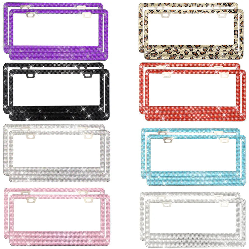 Stick-on stainless steel license plate frame with acrylic diamond crystals in a square hole pattern.
