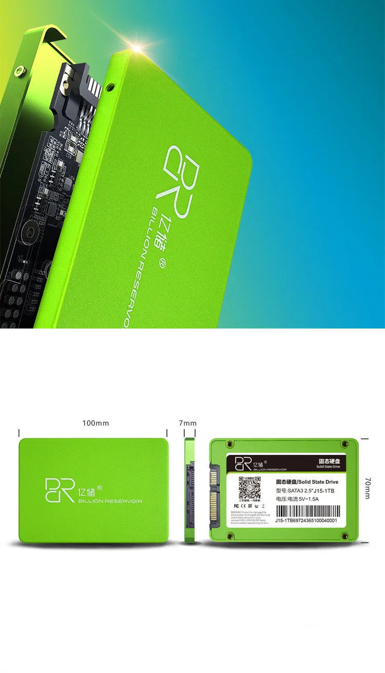 Black plastic solid state drive measuring 100mm by 70mm with SATA 3.0 interface for desktop computers