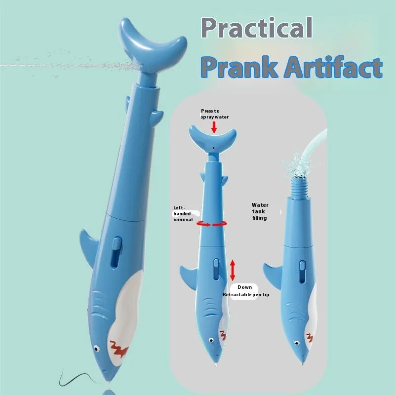 Shark plastic water spray ballpoint pen in blue on white background