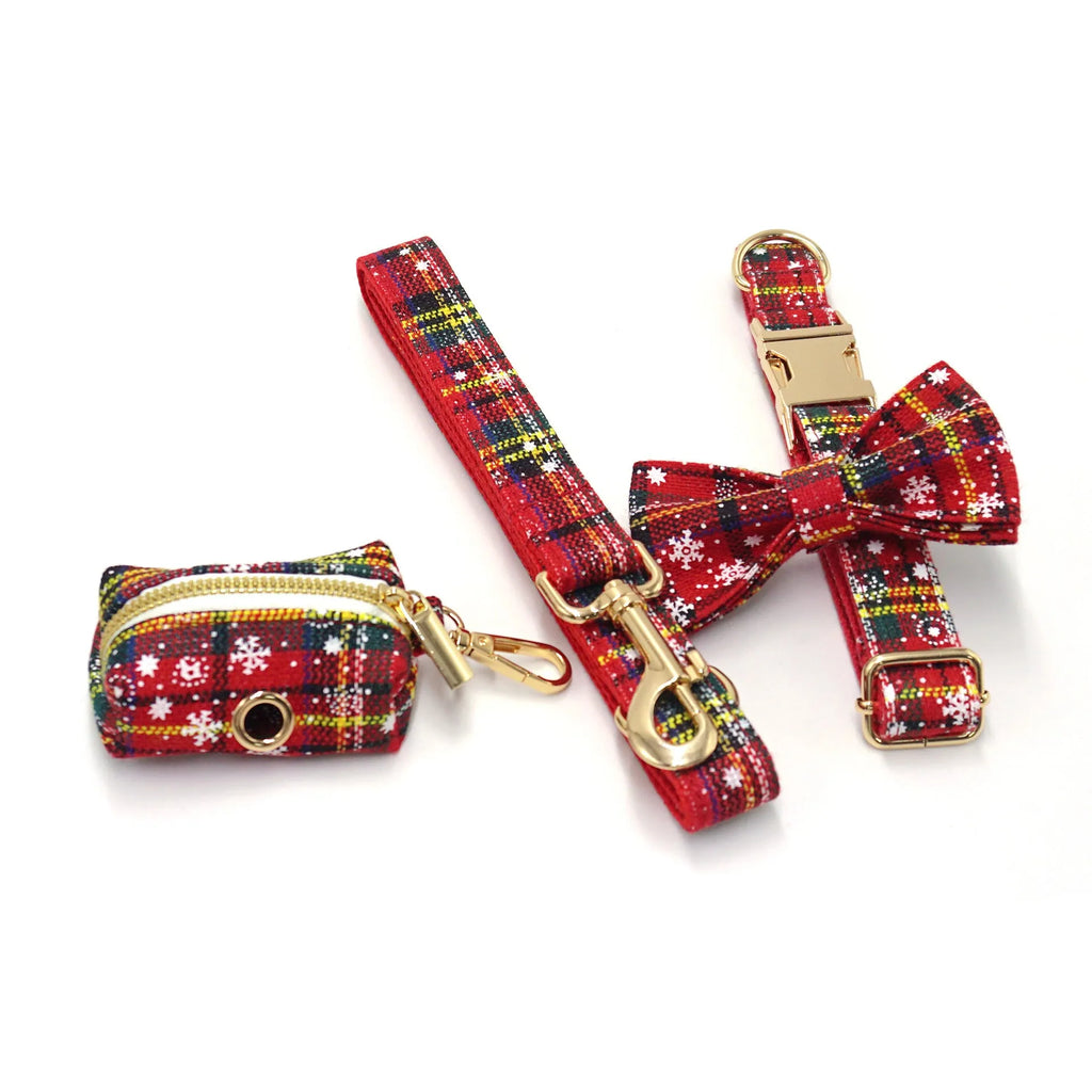 Red Christmas pet collar set with matching harness, traction rope, bow decoration and stool bag in laser sculpture fabric