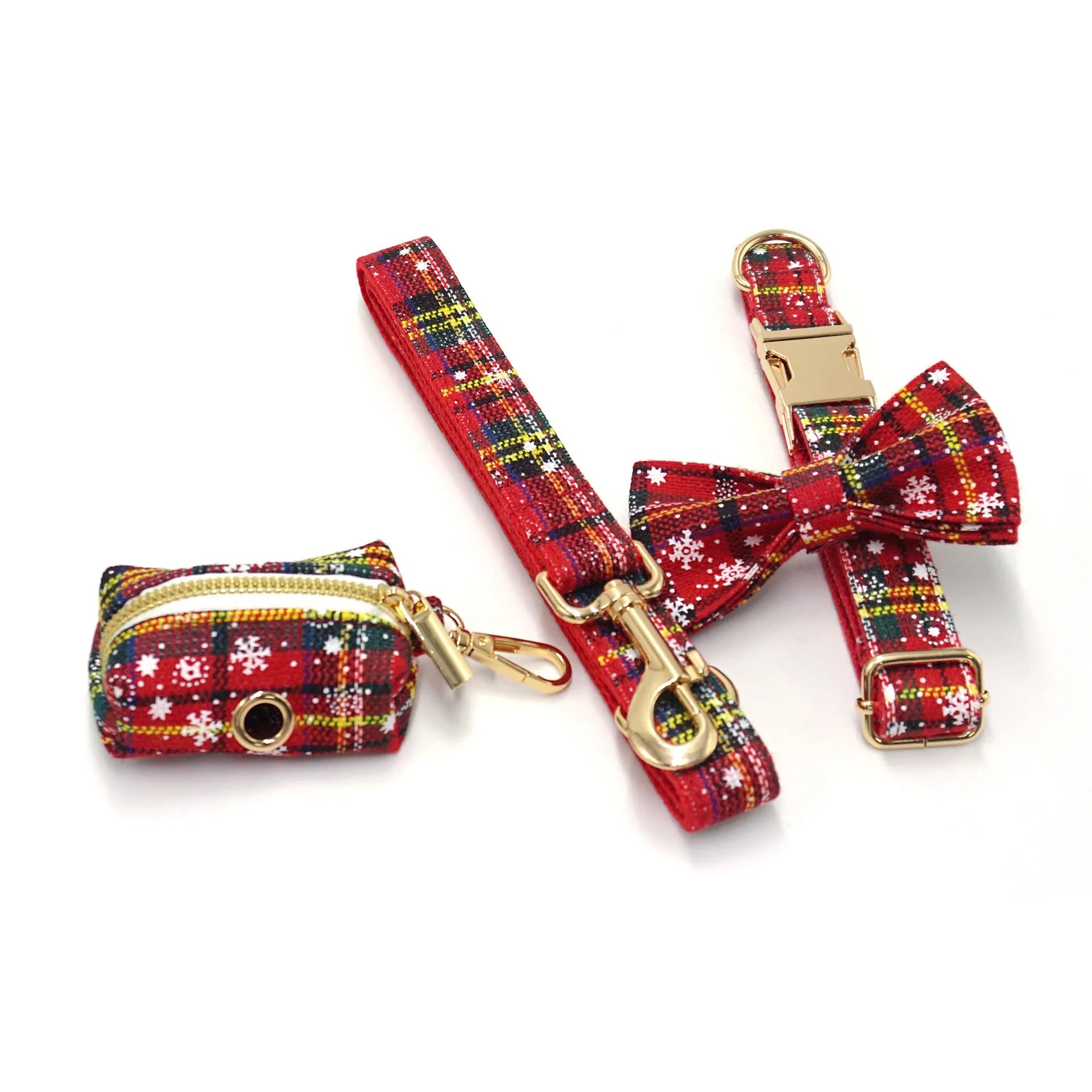Red Christmas pet collar set with matching harness, traction rope, bow decoration and stool bag in laser sculpture fabric