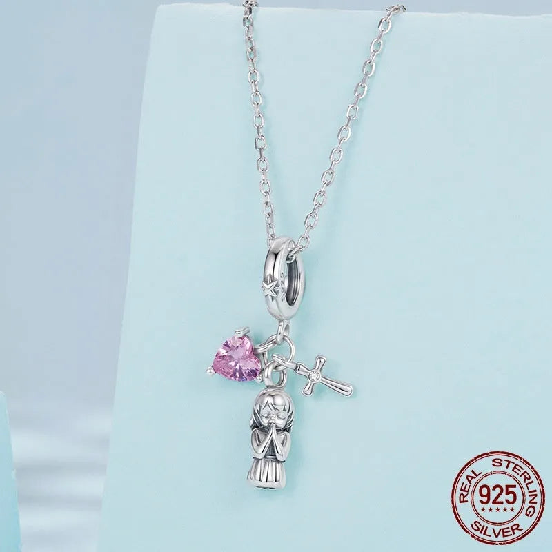 S925 sterling silver heart cross pendant bead, 2.6cm x 1.5cm with 0.45cm hole for DIY bracelet jewellery