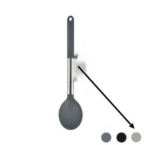12-piece black silicone kitchen utensil set with tools stored in a rotating countertop storage bucket