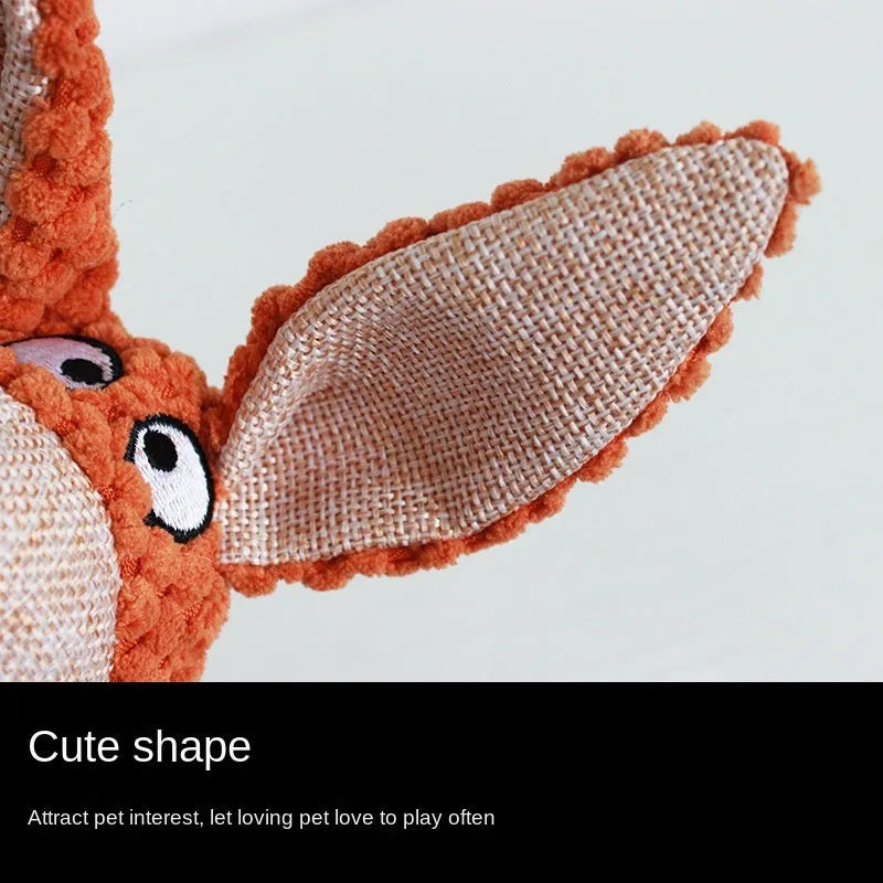 Assorted plush dog chew toys in donkey, elephant, orangutan, and rabbit shapes with squeakers.