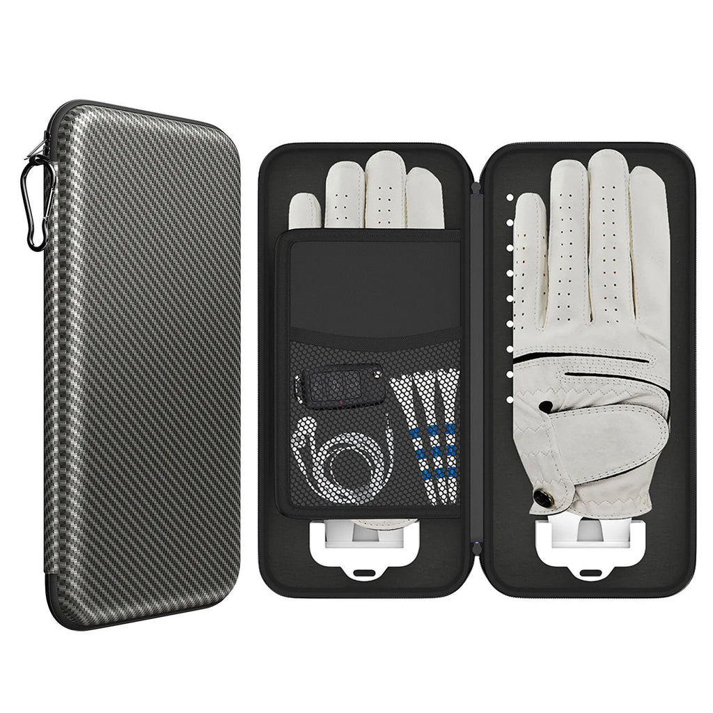 Silver grey golf double glove storage bag with two integrated marking brackets for organised accessory storage