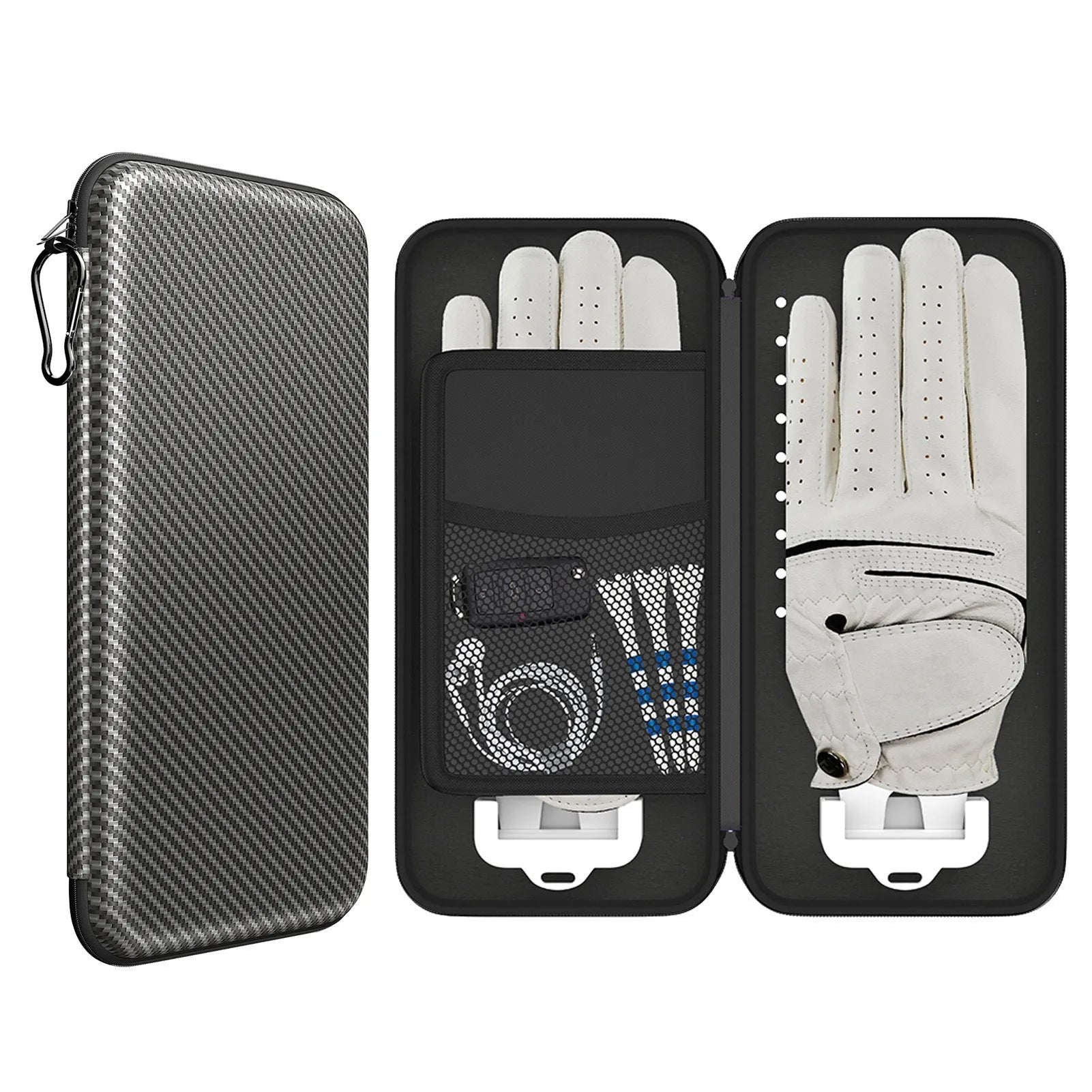 Silver grey golf double glove storage bag with two integrated marking brackets for organised accessory storage