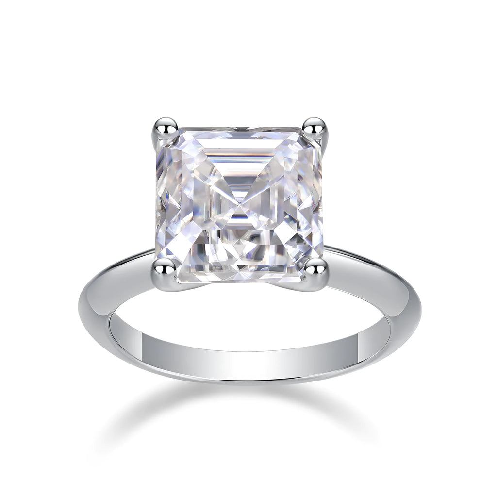 Heart-shaped moissanite wedding ring set in S925 silver with platinum plating, square 10x10mm stone, sizes 5-9, gift box