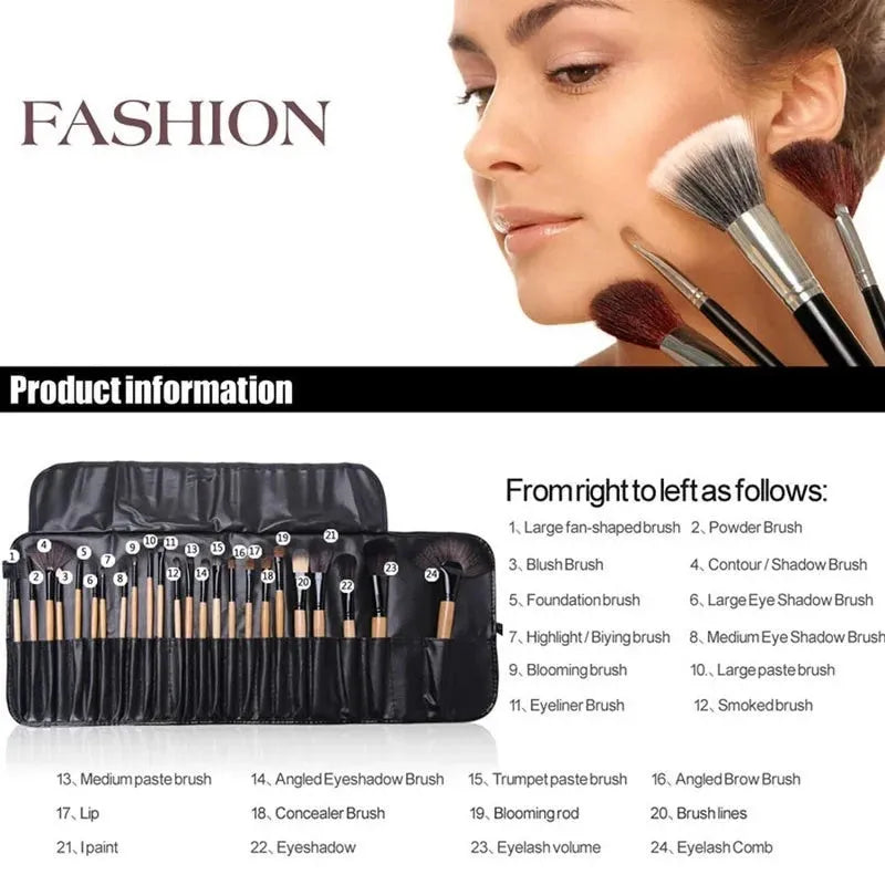 24 professional makeup brushes with wooden handles in a black PU gift bag