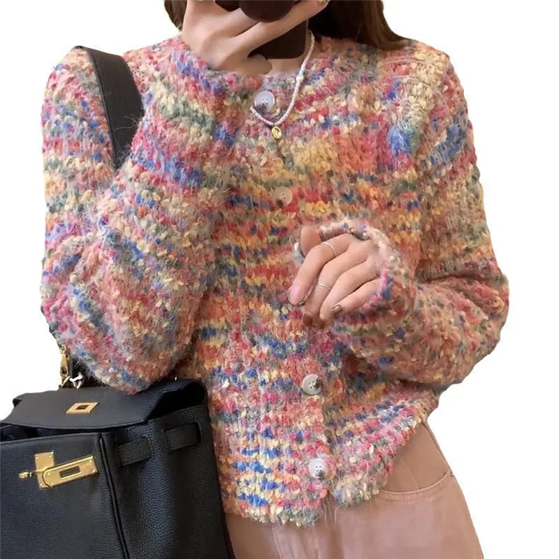 Retro rainbow pattern knitted cardigan sweater in pink or green, slim fit free size.
