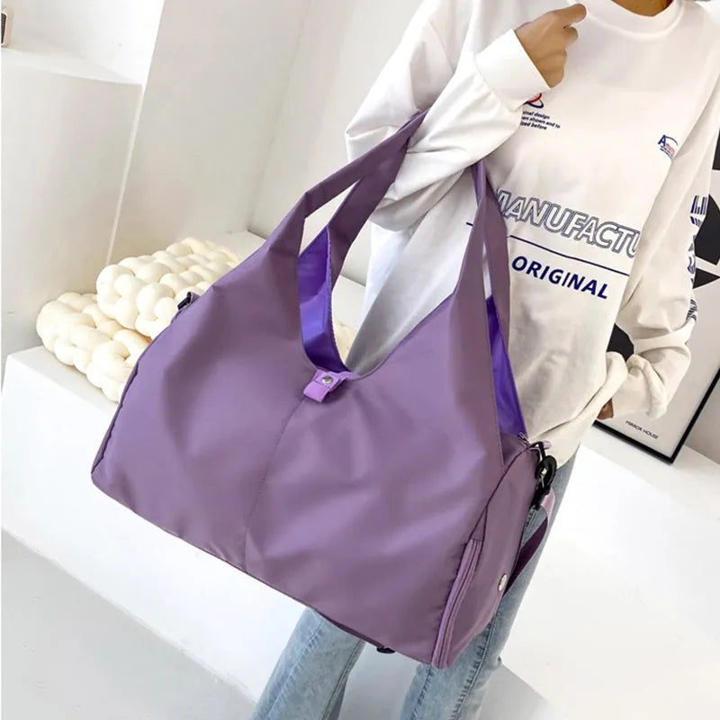 Women's large capacity Oxford cloth yoga bag with dry and wet separation in grey, shown with a yoga mat and laptop inside