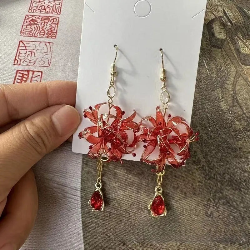 Red spider lily manjushage women's floral drop earrings in red gold resin plastic original design