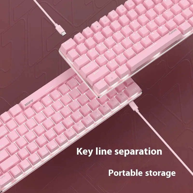 Pink mechanical gaming keyboard with 82 keys, white backlight, and metal construction on desk