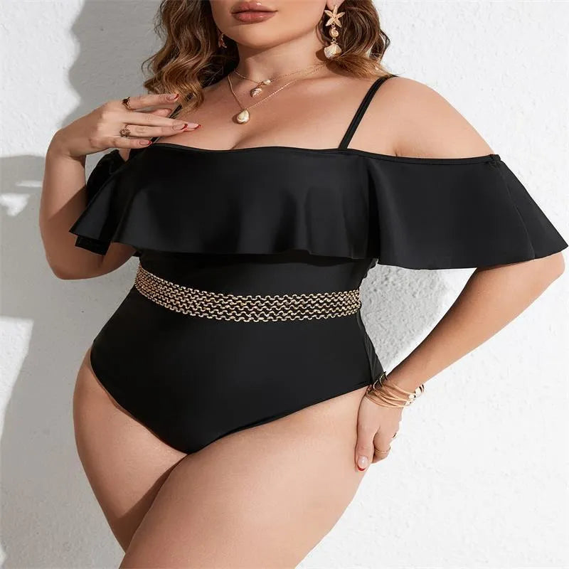 Black women's one-piece polyester swimsuit on a hanger