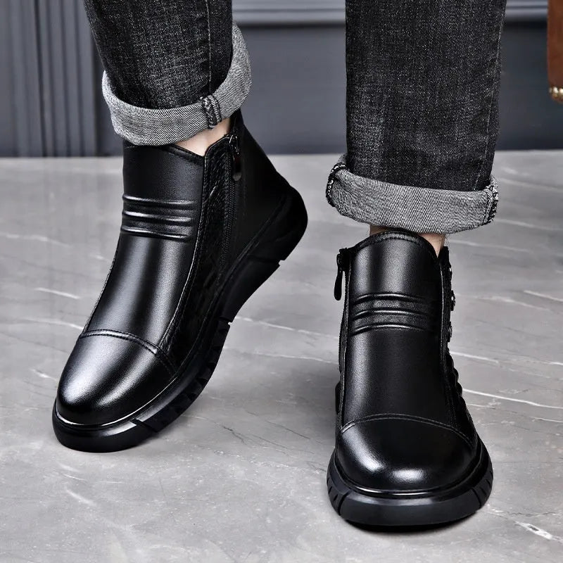 Men's black genuine leather worker boots with warm lining, non-slip round toe, sizes 38-44