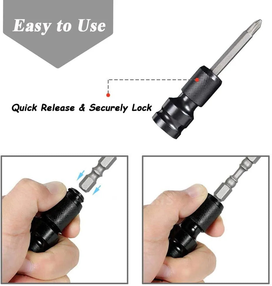 Electric wrench telescopic bit holder with hexagonal handle showing scaling from 1/2 inch to 1/4 inch