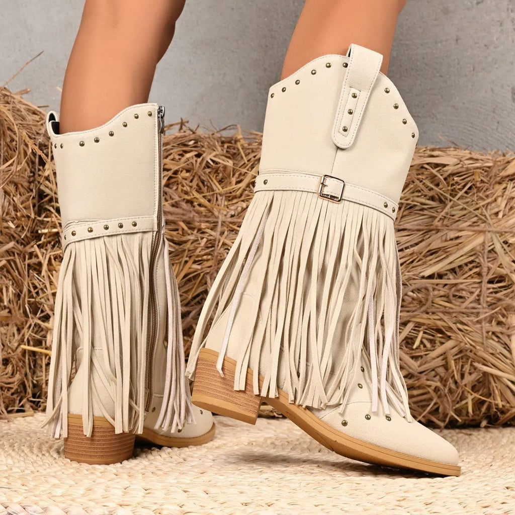 Western cowboy boots for women in beige with belt buckle rivet tassel details and mid heel