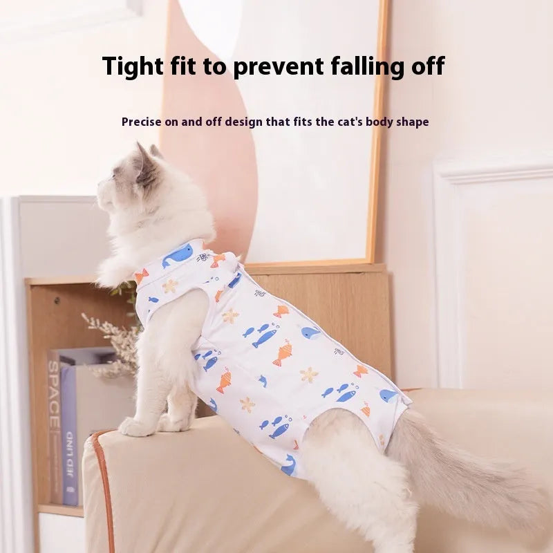 Cat wearing a printed polyester sterilization recovery suit with Velcro fastening on its torso.