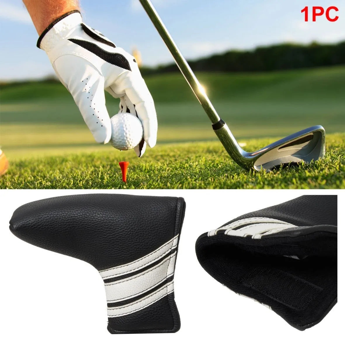 Black PU leather golf push rod sleeve, a protective cover for a single golf club.