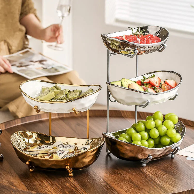 Multi-layer ceramic fruit tray with gold frame and electroplated stone texture