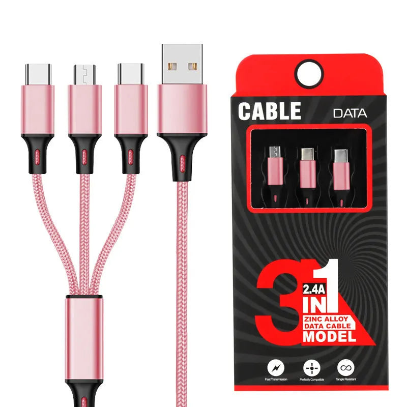 Three-in-one charging cable 1.2 metres long with TPE and nylon braid in multiple colour options