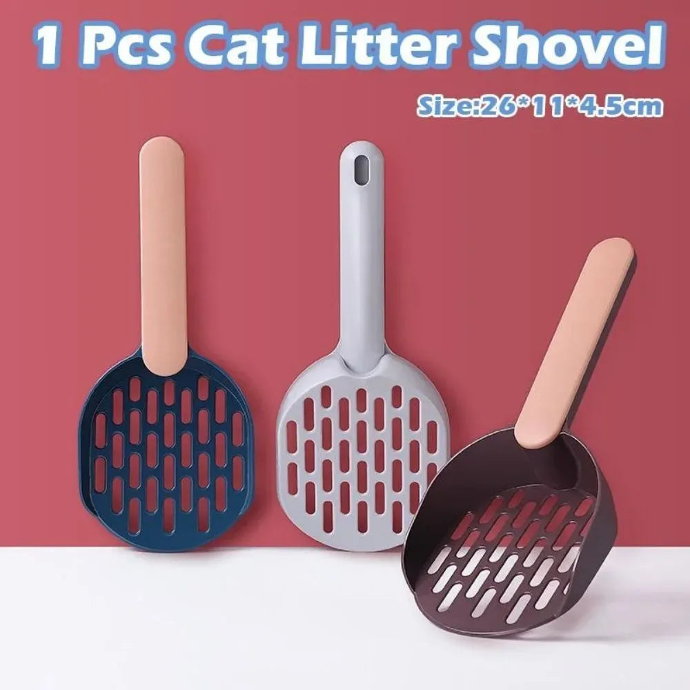 Plastic cat litter shovel with fine mesh sieve in blue, green, or pink colours