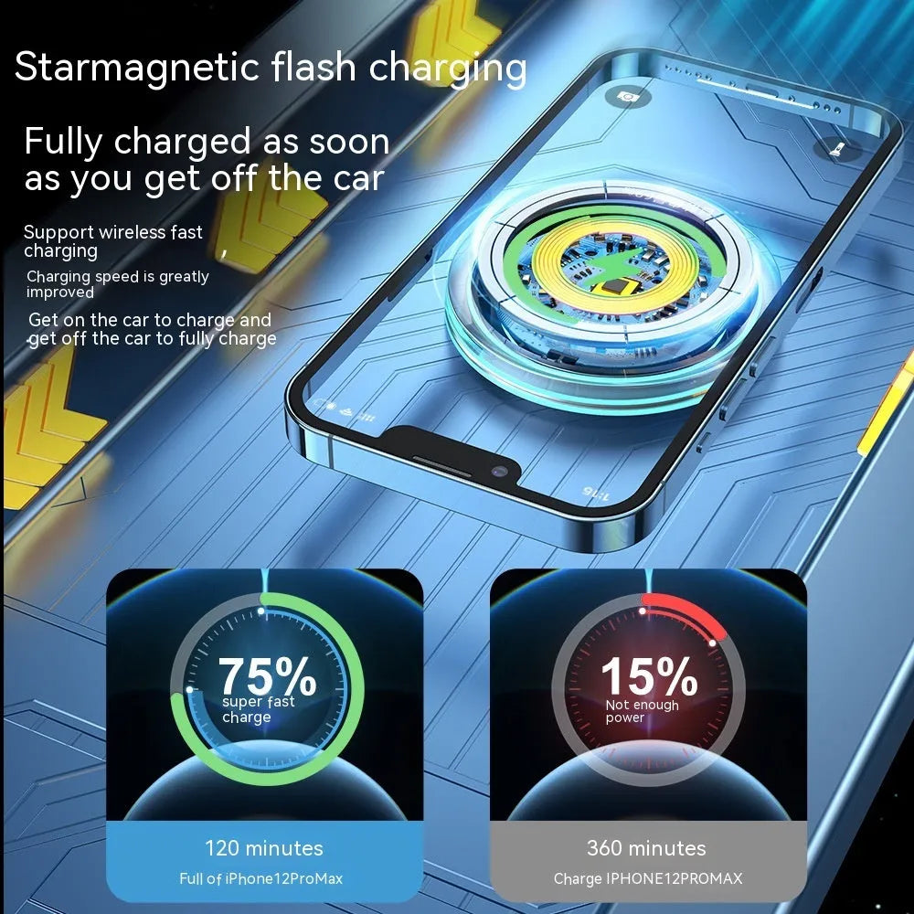 Black magnetic wireless phone charging stand mounted on car air vent