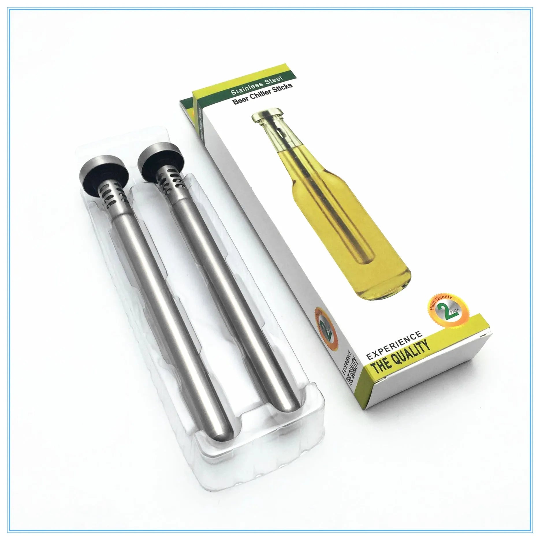 Stainless steel wine cooling rod and pourer in silver, with a bottle of red wine