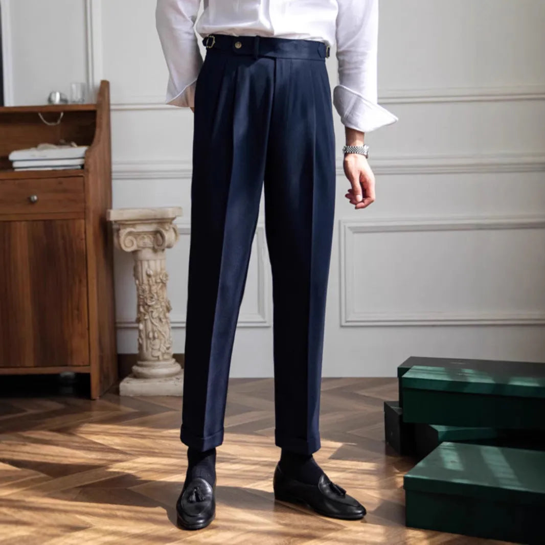 British men business casual straight-leg trousers in black polyester fibre, side view on mannequin