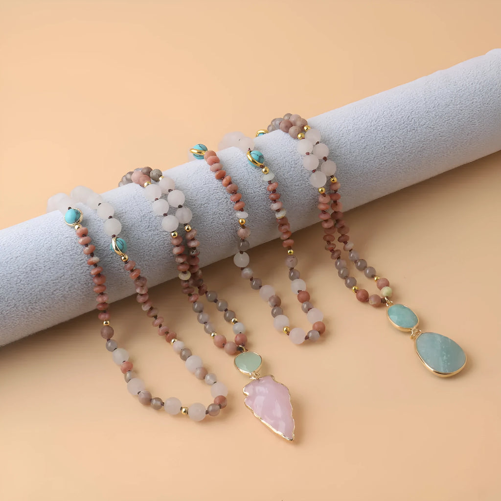 Handmade natural stone beaded necklace with round pendant in green colour option