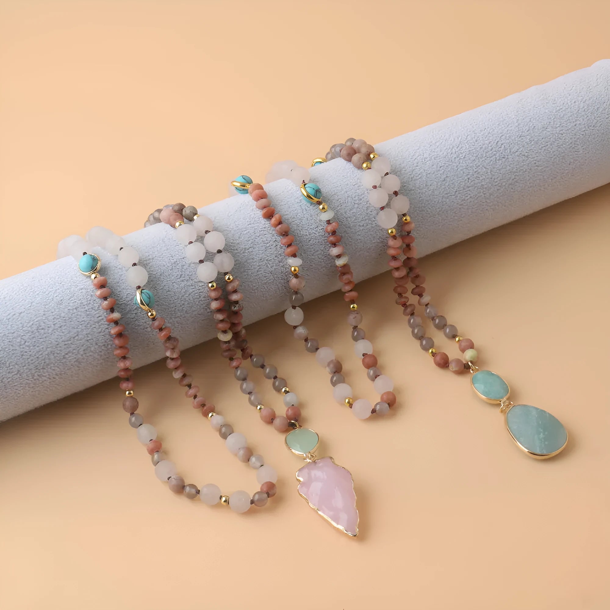 Handmade natural stone beaded necklace with round pendant in green colour option