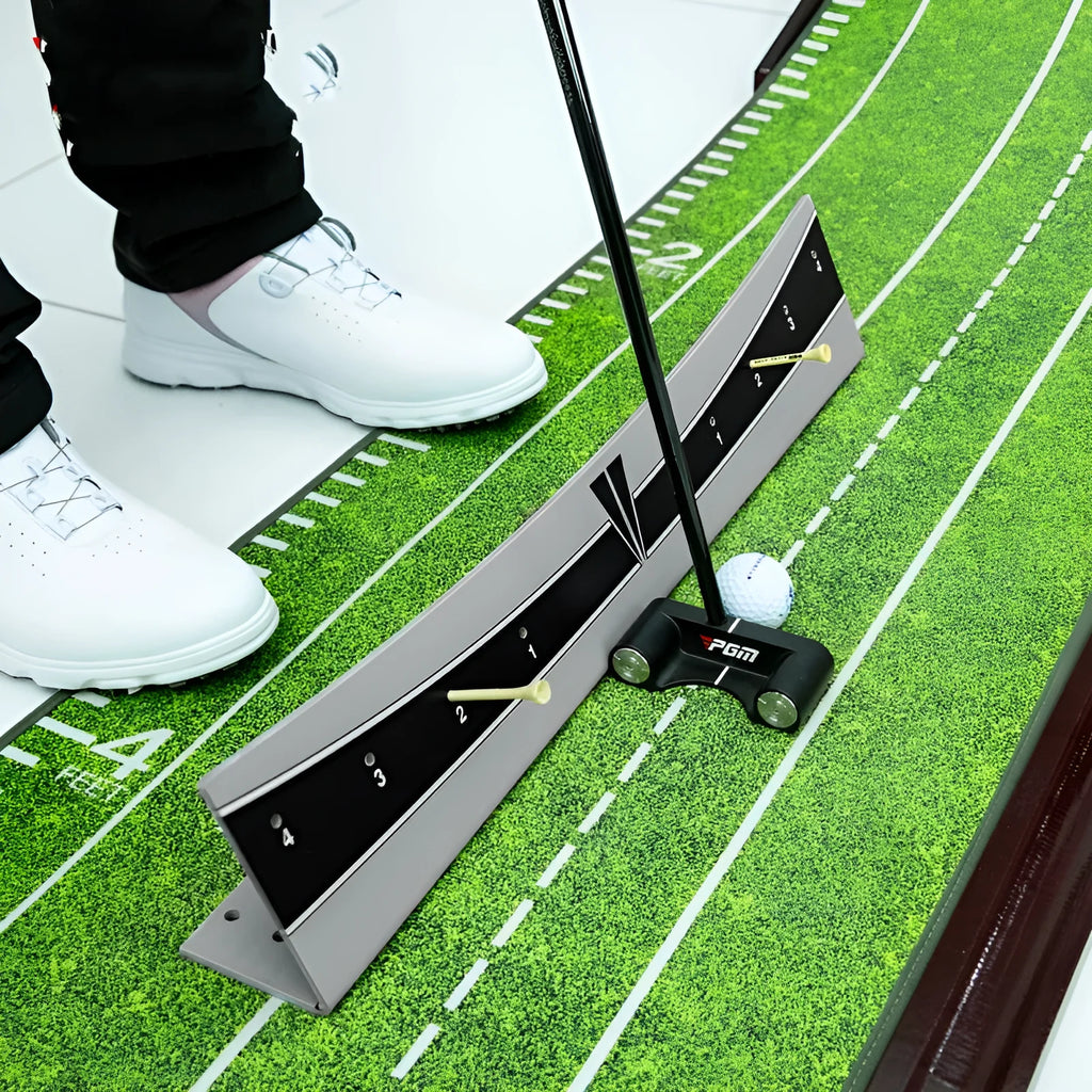 Adjustable golf putter trajectory balance simulator with push rod on a green carpet