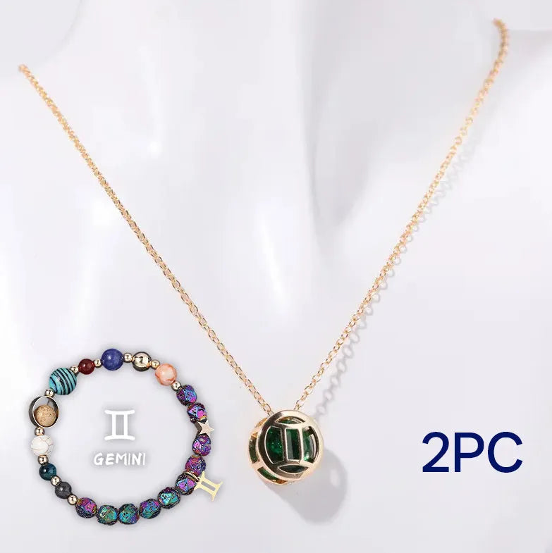 Natural stone bead necklace and matching bracelet set with silver-colour clasp on jewellery cord