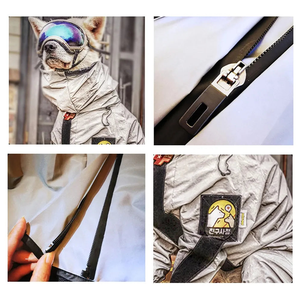 Four-legged waterproof dog raincoat in reflective grey nylon, full-surrounded design, sizes 4 to 6