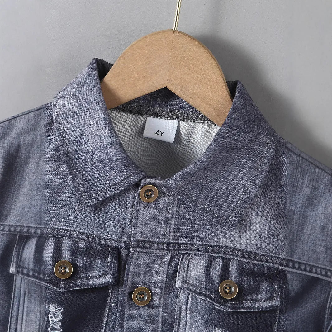 Boys grey two-piece shorts set with short-sleeved top and shorts, available in heights 4Y, 5Y, 6Y and 7Y