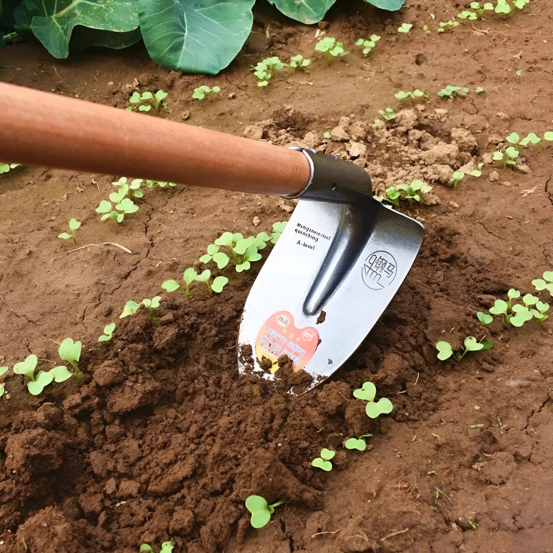 Agricultural pointed hoe plough tool with manganese steel quenched head for soil work.