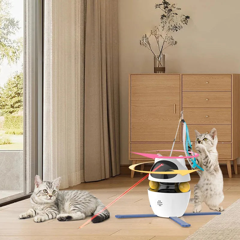 Automatic electronic cat toy with elastic rope and funny stick attachment for indoor cats